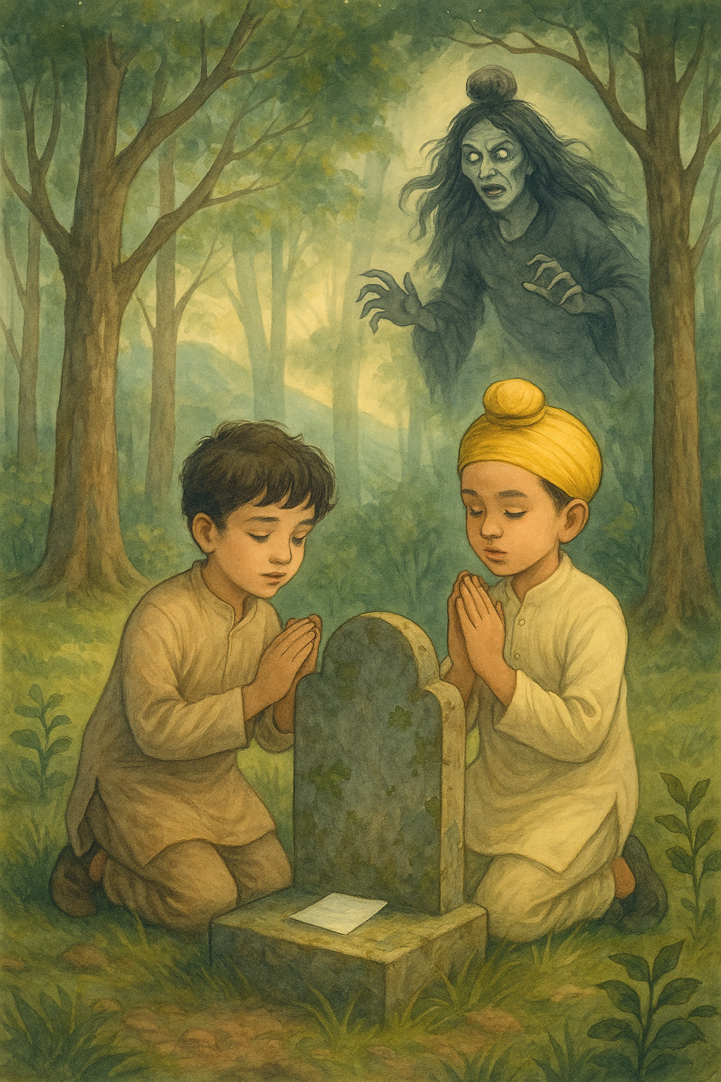 Sketch of a Goga and protagonist placing petition for milk