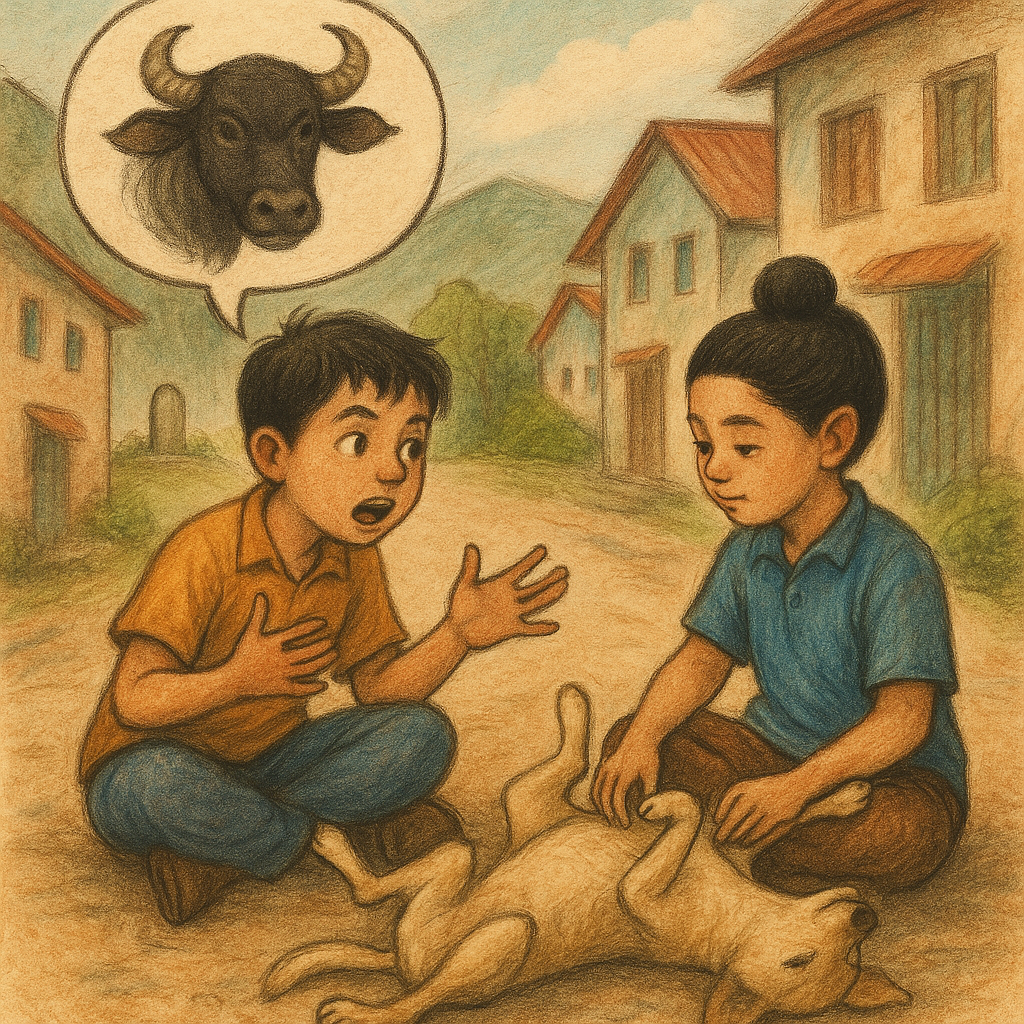 Sketch of Goga and protagonist spinning stories