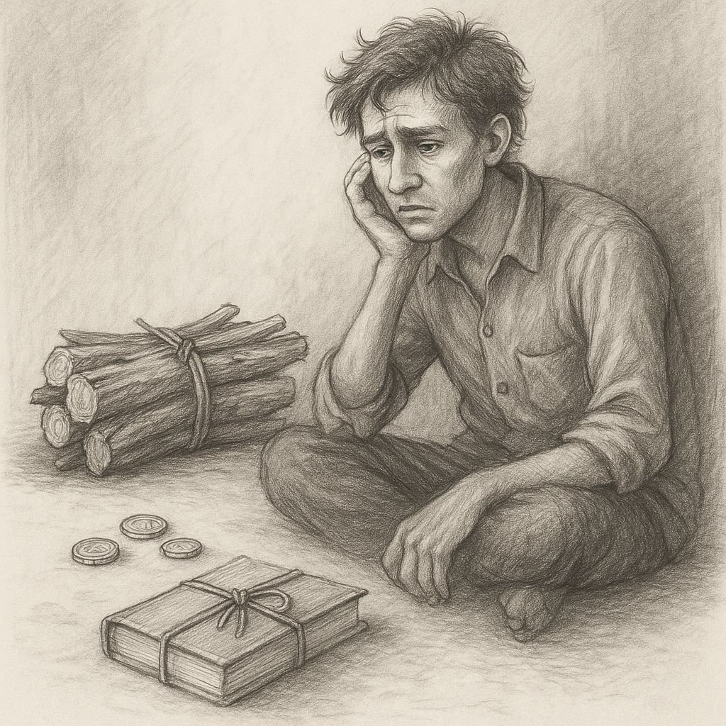 Sketch of a woodcutter and scattered items