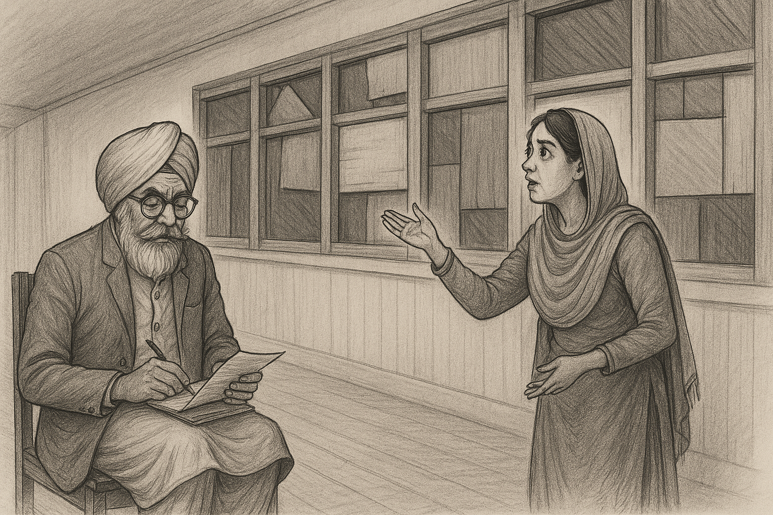 Mother expalining to Sardar Kartar Sing the expenses incurred on repairs